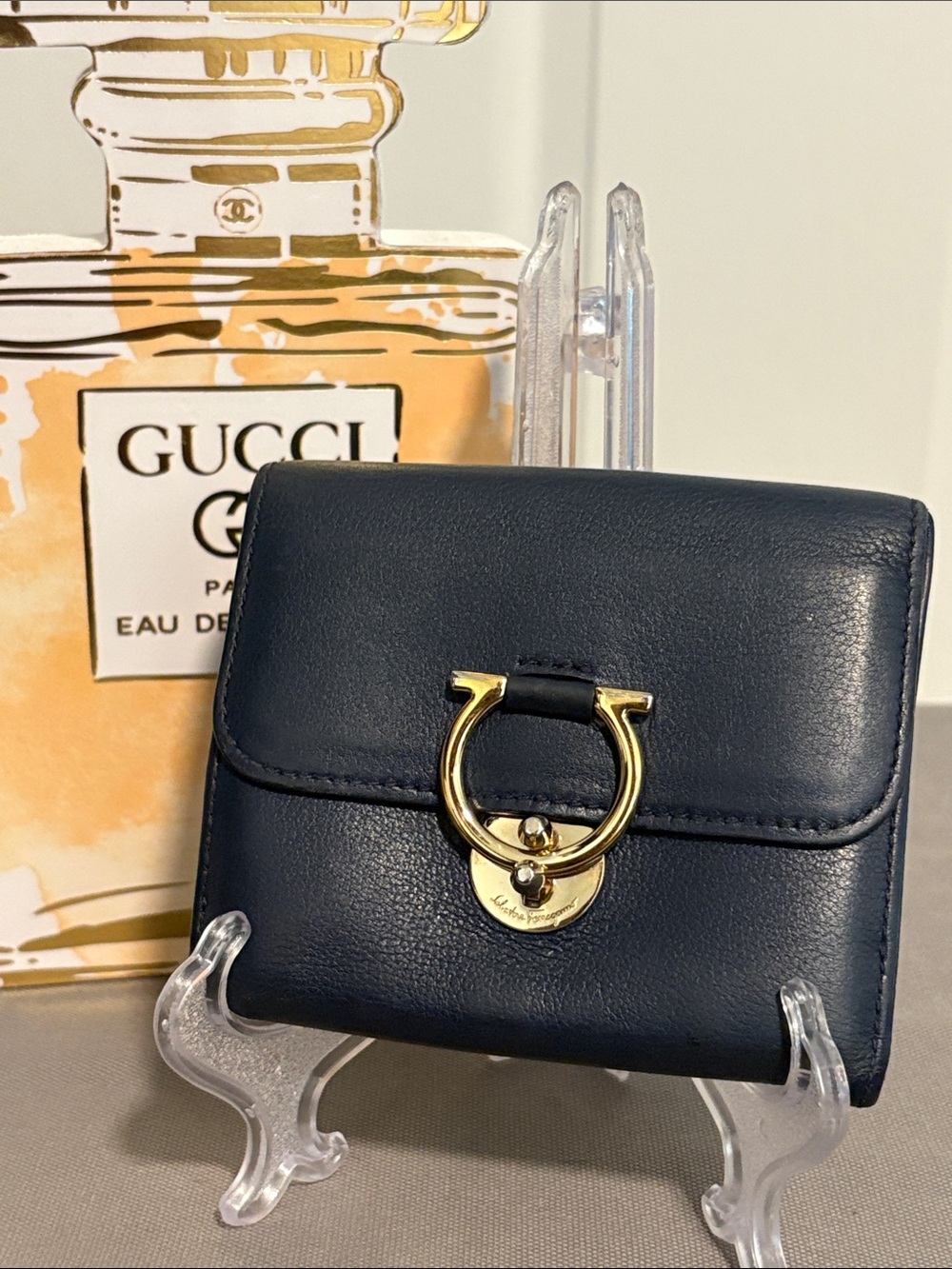Salvatore Ferragamo Navy Leather Compact Wallet